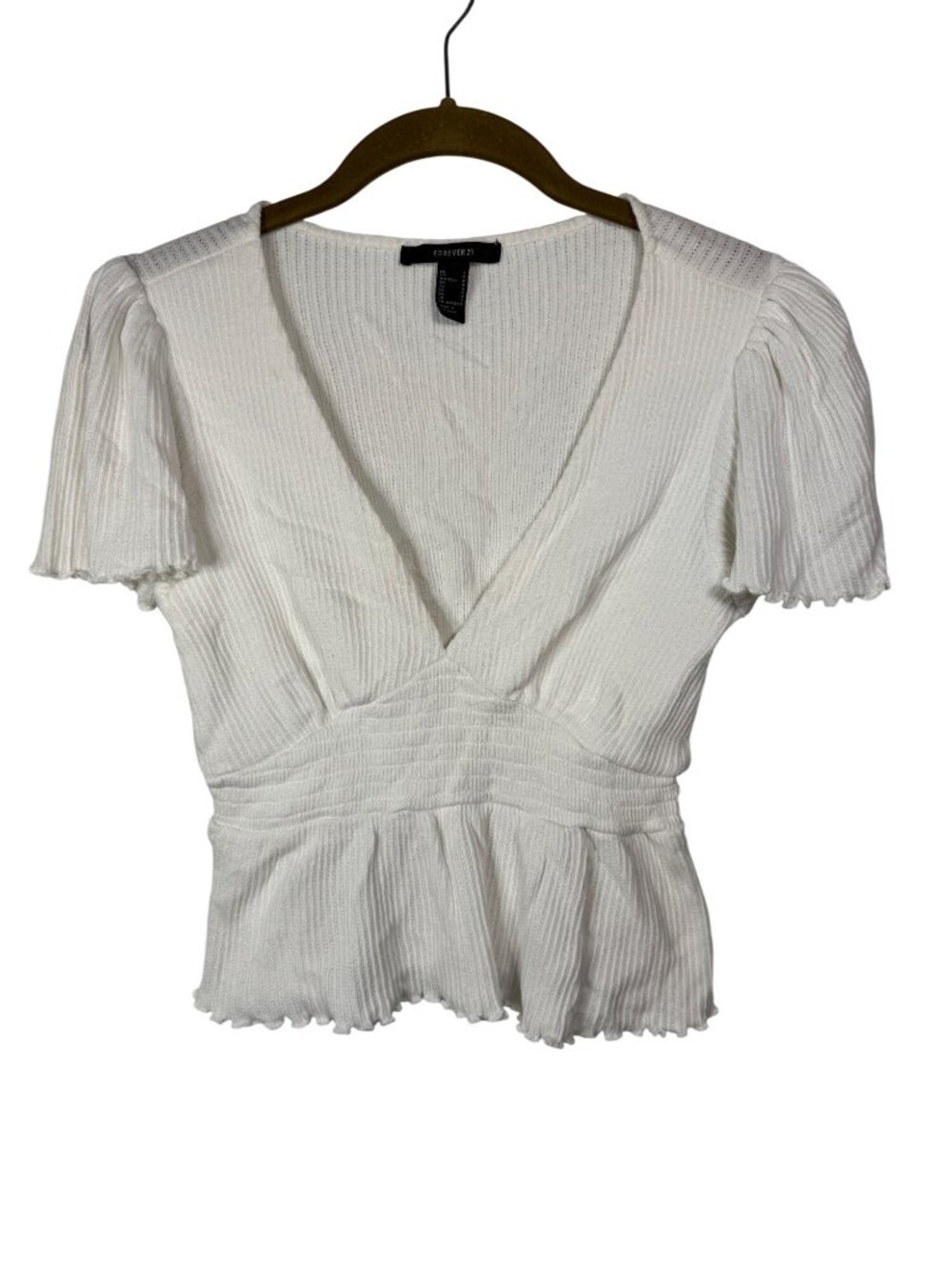 Forever 21 Small White Ribbed Knit Short Sleeve Wrap Top Minimalist Soft Girl
